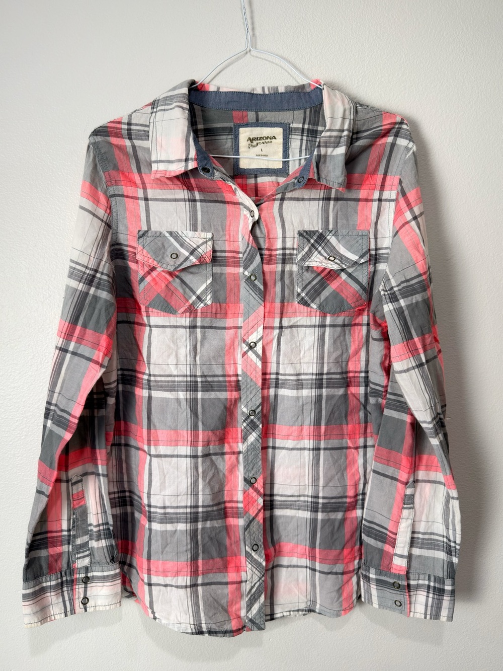 Arizona Jean Co Plaid Button Up Shirt Western Pink Gray Size Large
